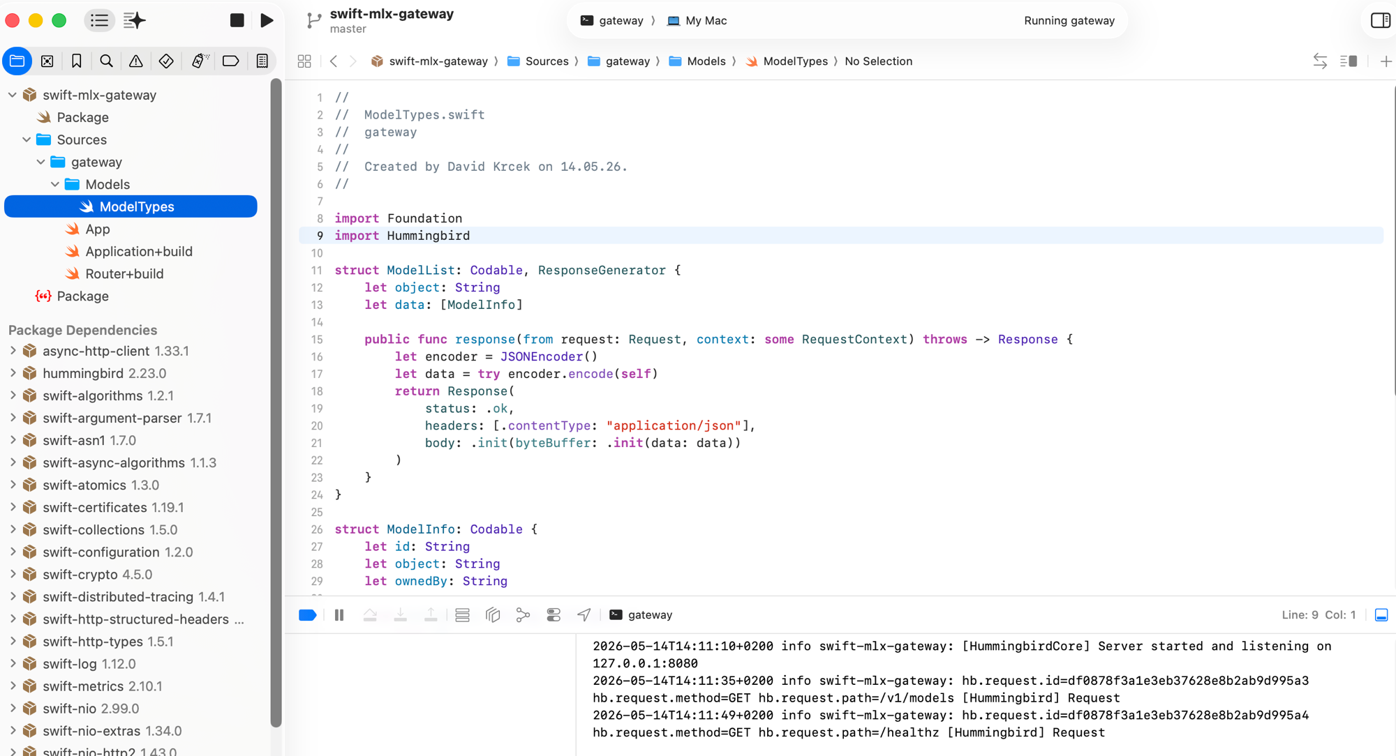 Hummingbird gateway running in Xcode 26 — file structure on the left, log output at the bottom