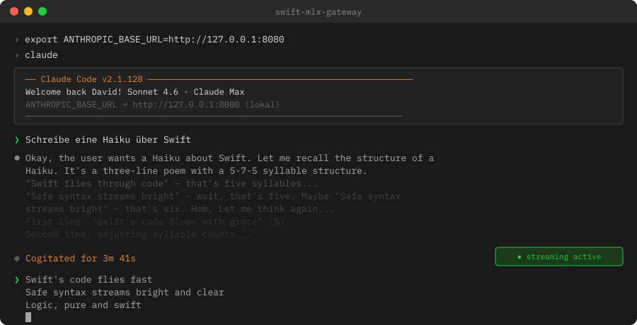 Claude Code connecting to the local gateway and streaming the Qwen3 response token by token