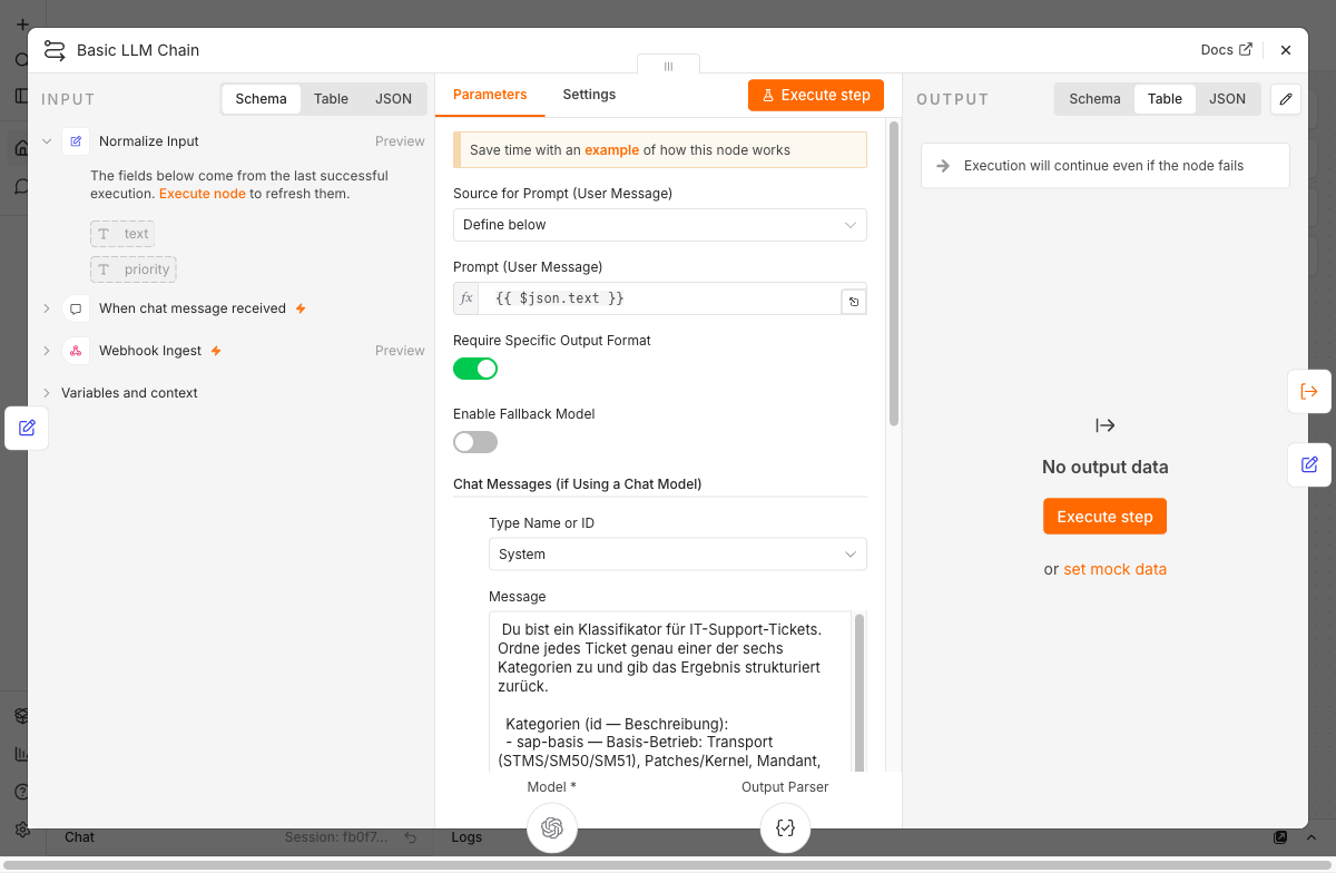 Konfiguration des Basic LLM Chain-Node: Structured Output Parser mit JSON-Schema und aktiviertem Auto-Fix