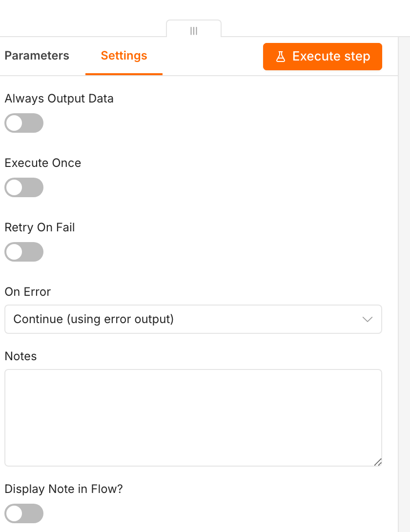 Settings tab of the Classify via AI node: On Error is set to Continue (using error output), the error output activates the rule-based fallback