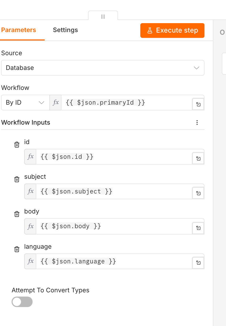 The Execute Workflow node calls its target via By ID and an expression: the workflow ID comes from the Round-Robin node, the inputs from the normalized ticket