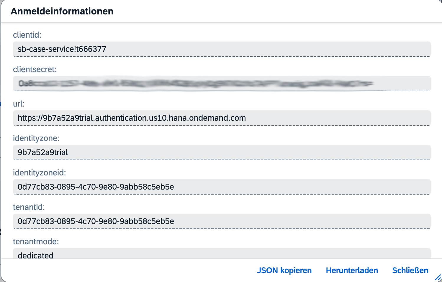 BTP cockpit: service key view of the xsuaa instance, the secret is redacted (screenshot at the time of writing)