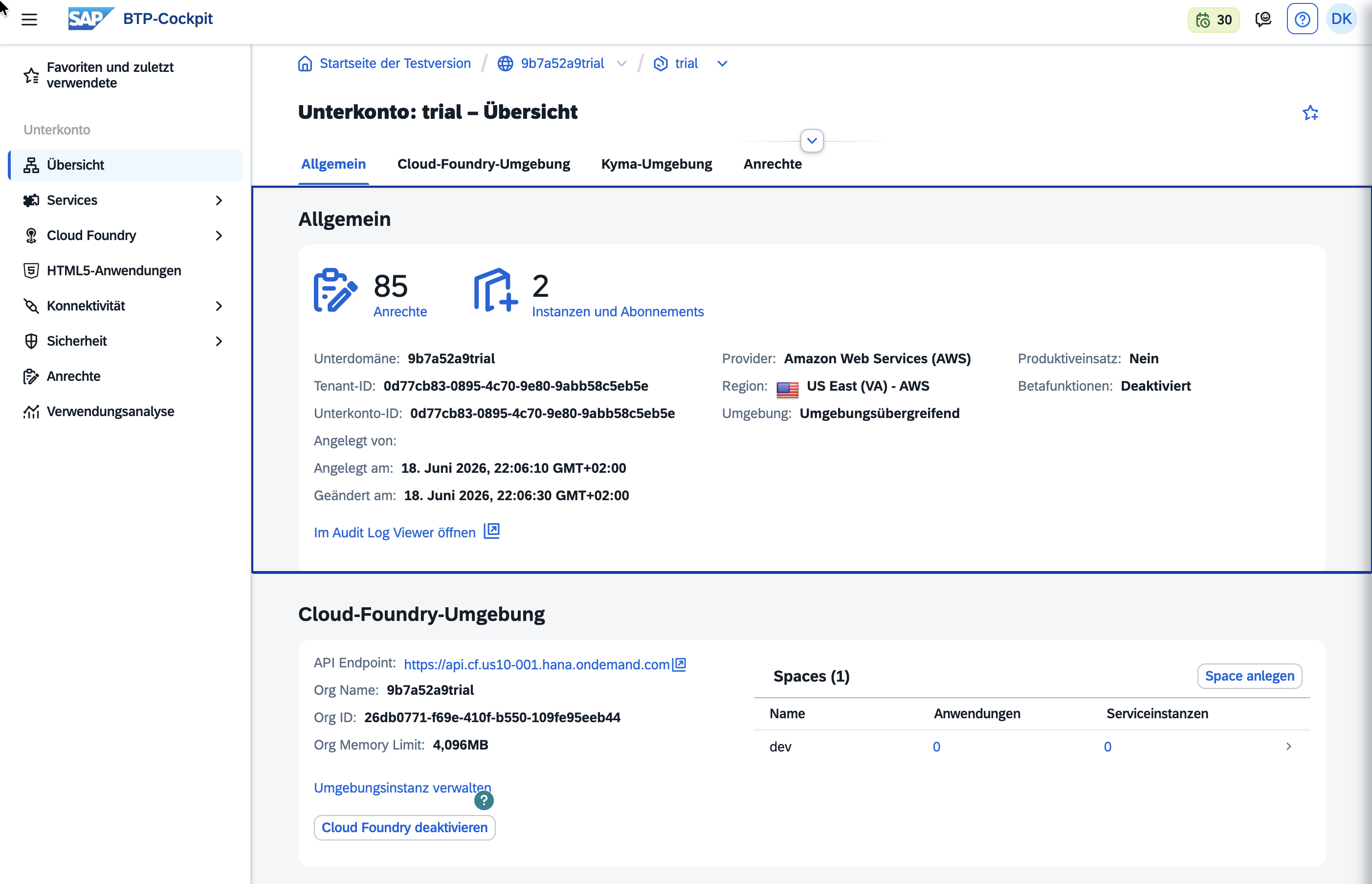 BTP cockpit: subaccount overview with the Cloud Foundry space (screenshot at the time of writing)