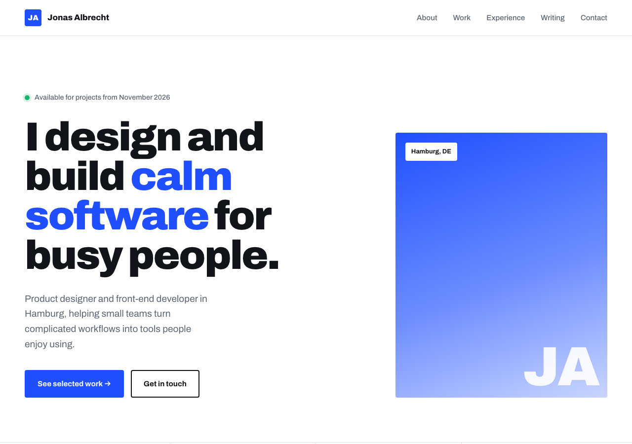 The same task with the list of forbidden styles: white background, bold grotesque headline, blue accent word, square buttons, blue gradient as a portrait placeholder