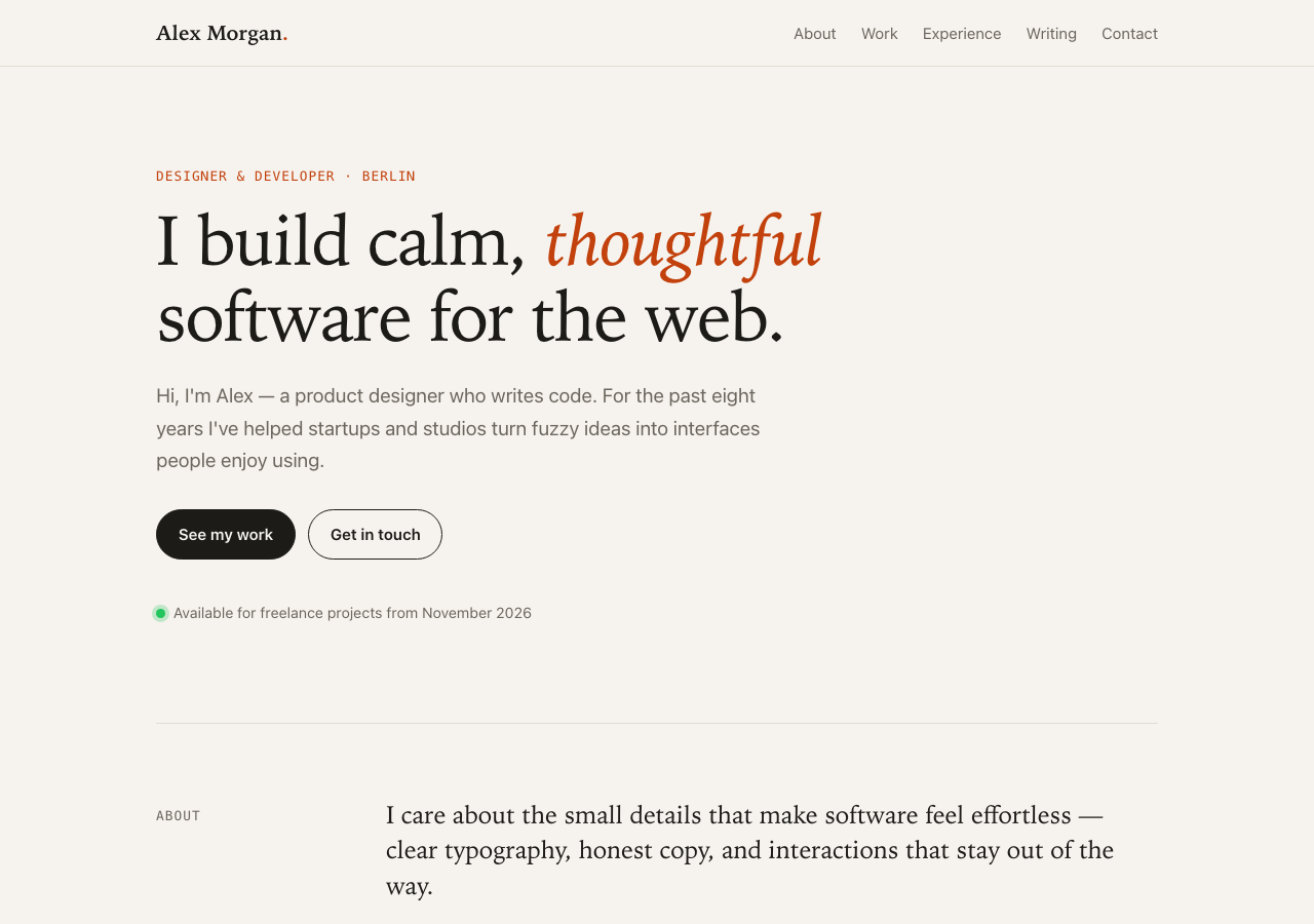 Personal website by Opus 5.5 without design direction: cream background, serif headline with an italic accent word, monospace label, rounded pill buttons