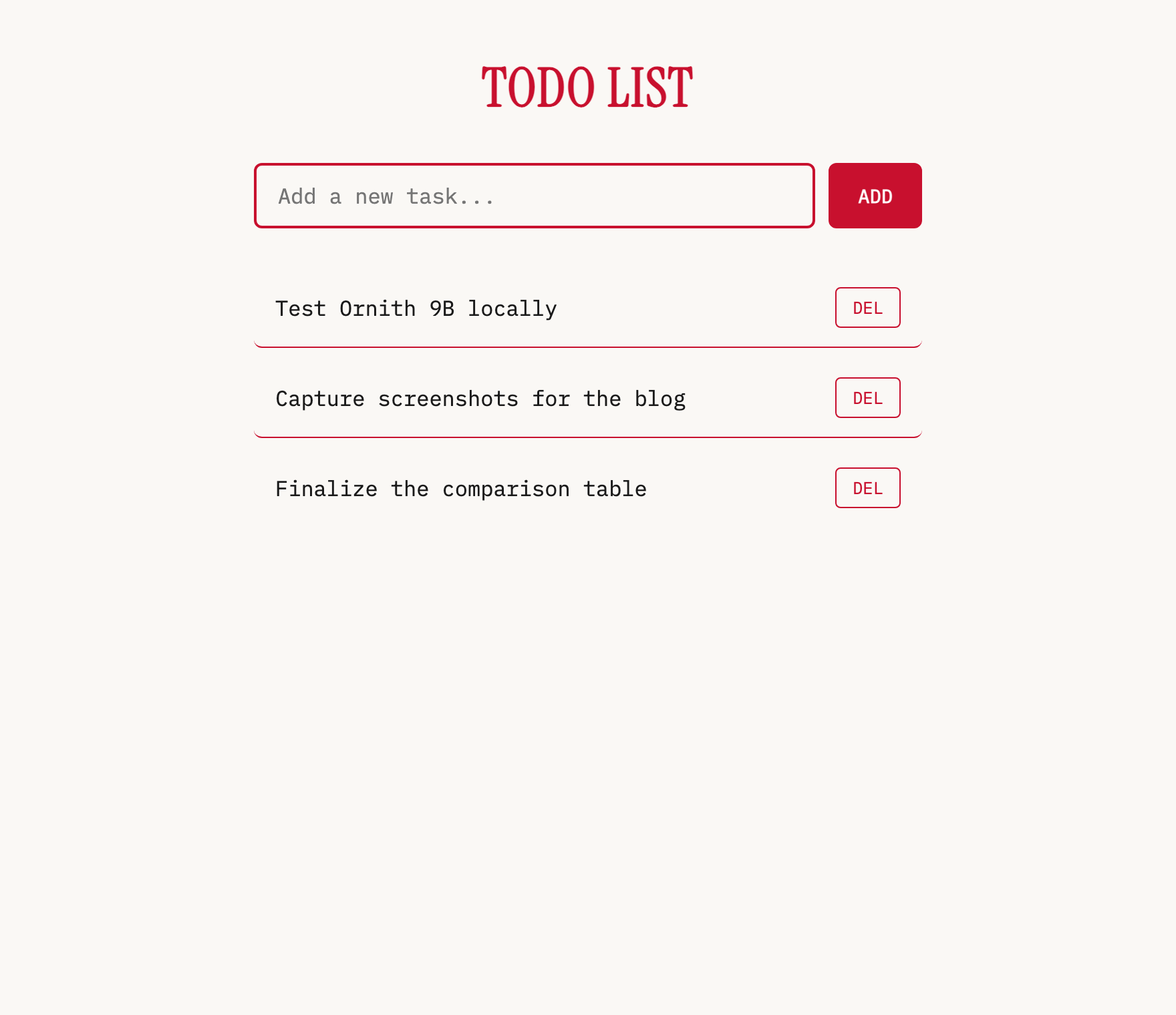 To-do app generated by Ornith 9B in the rotecodefraktion design, with three example entries